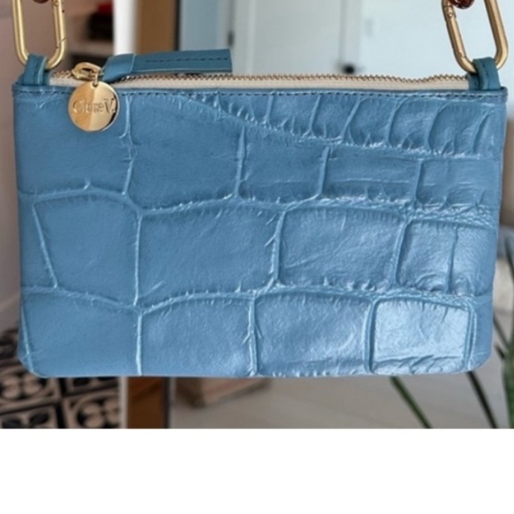 Clare V Blue Croc-Embossed Wristlet